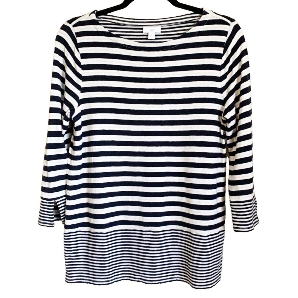 J. Jill Blue White Stripe Top Womens XS 3/4 Split Sleeve Nautical Coastal Preppy